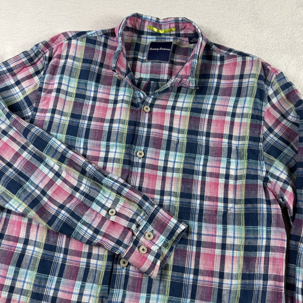 Tommy Bahama Men's Shirt Size L Long Sleeve 100% Linen Plaid Button Up Pink Blue